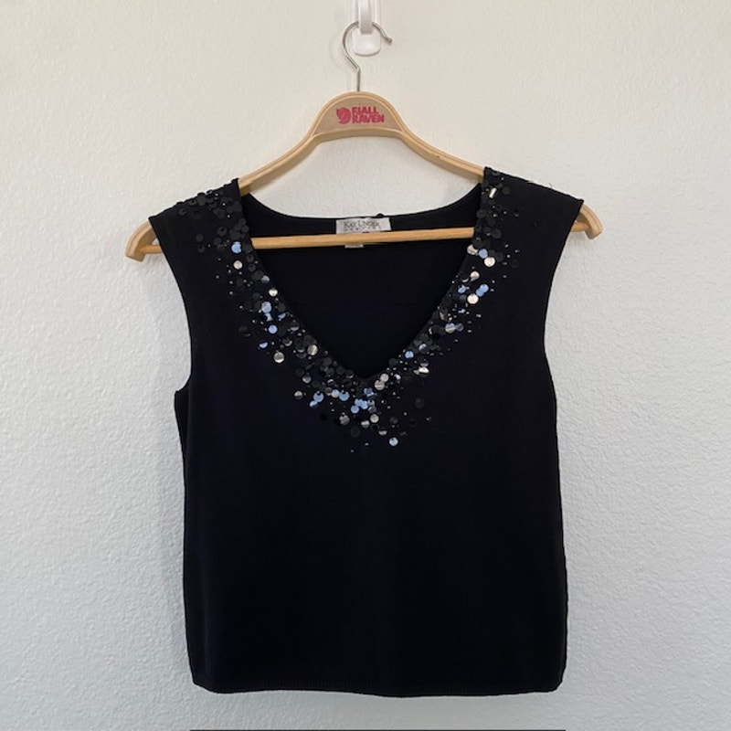 Kay Unger Black Sequin V-Neck Knit Sleeveless Top Celebration Wedding Women's Xl